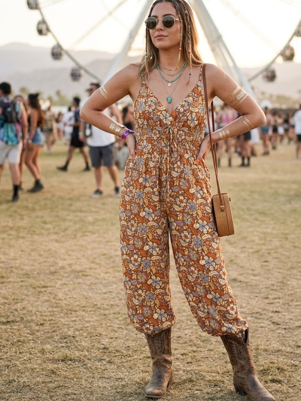 Cider Rust Floral Tie-Front Wide-Leg Jumpsuit